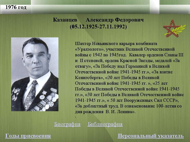 1976 год Казанцев Александр Федорович (05. 12. 1925 -27. 11. 1992) Шахтер Невьянского карьера