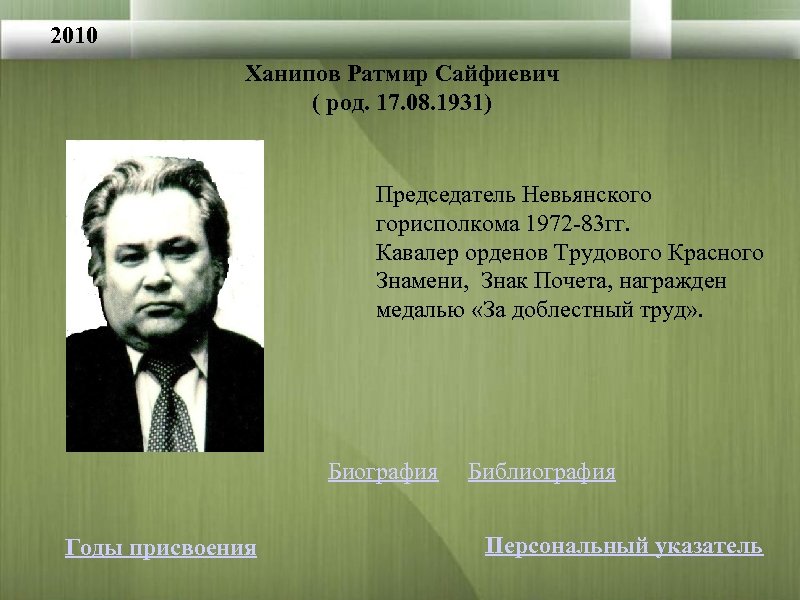 2010 Ханипов Ратмир Сайфиевич ( род. 17. 08. 1931) Председатель Невьянского горисполкома 1972 -83
