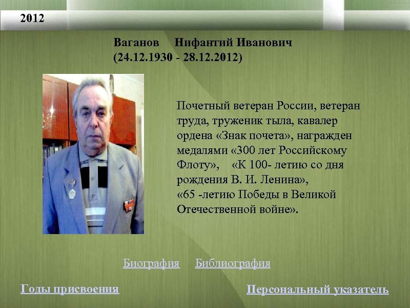 2012 Ваганов Нифантий Иванович (24. 12. 1930 - 28. 12. 2012) Почетный ветеран России,