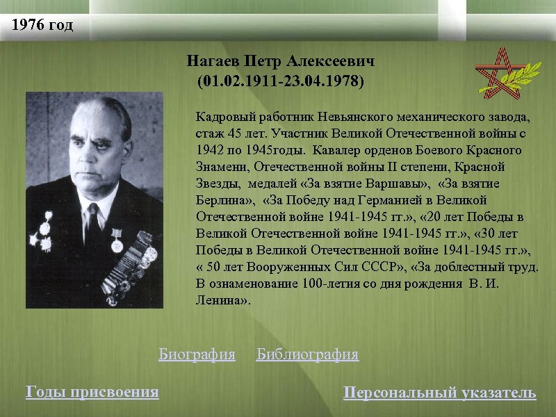 1976 год Нагаев Петр Алексеевич (01. 02. 1911 -23. 04. 1978) Кадровый работник Невьянского