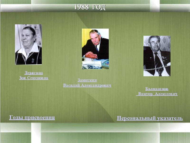  1988 ГОД Дерягина Зоя Семеновна Годы присвоения Замоткин Василий Александрович Балмашнов Виктор Алексеевич