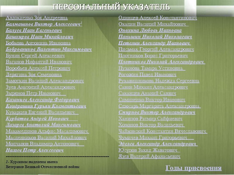 ПЕРСОНАЛЬНЫЙ УКАЗАТЕЛЬ Авдокиенко Зоя Андреевна Балмашнов Виктор Алексеевич1 Балуев Иван Евгеньевич Башкиров Иван Михайлович
