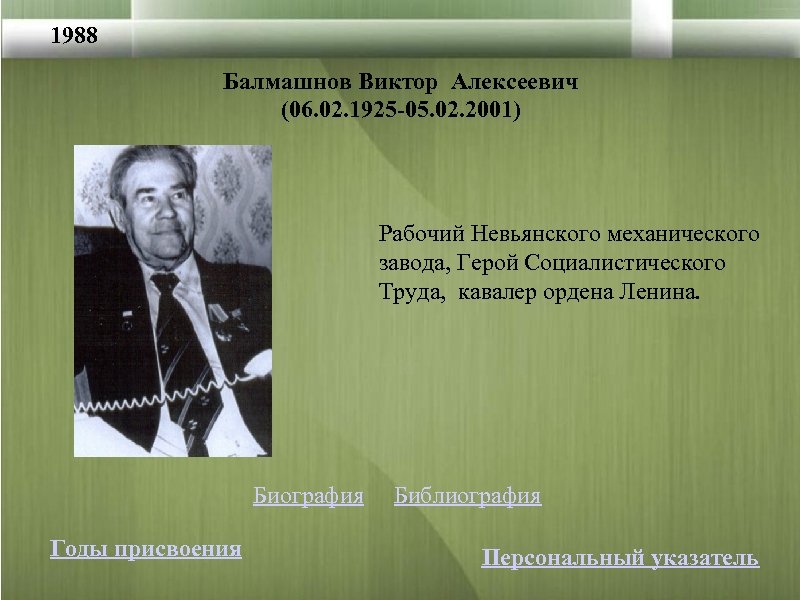 1988 Балмашнов Виктор Алексеевич (06. 02. 1925 -05. 02. 2001) Рабочий Невьянского механического завода,