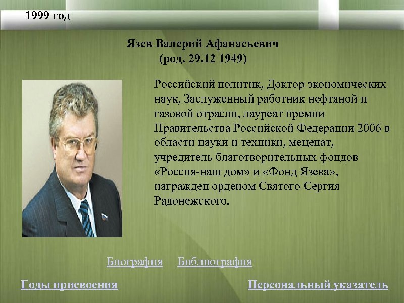 1999 год Язев Валерий Афанасьевич (род. 29. 12 1949) Российский политик, Доктор экономических наук,