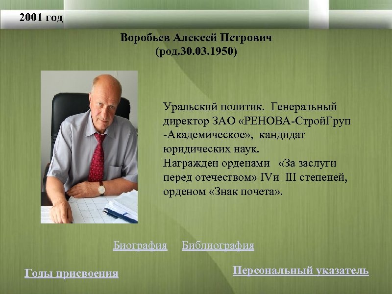 2001 год Воробьев Алексей Петрович (род. 30. 03. 1950) Уральский политик. Генеральный директор ЗАО