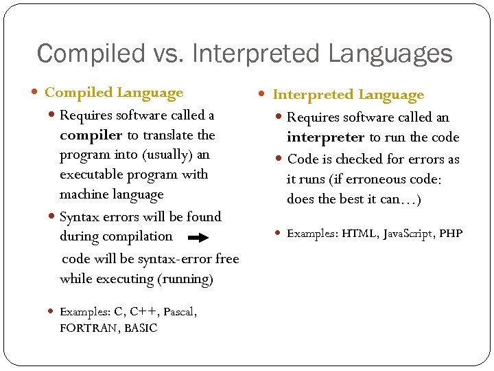 Compiled vs. Interpreted Languages Compiled Language Requires software called a compiler to translate the