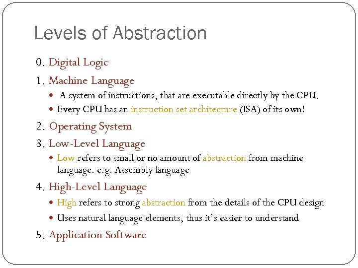 Levels of Abstraction 0. Digital Logic 1. Machine Language A system of instructions, that