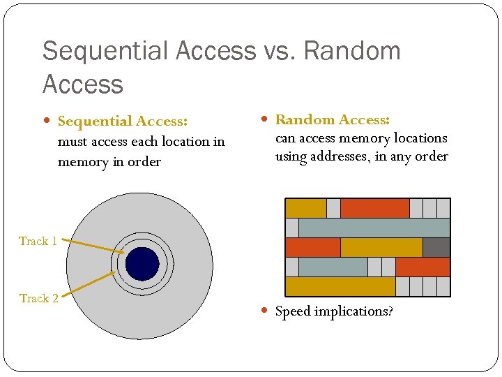 Sequential Access vs. Random Access Sequential Access: must access each location in memory in