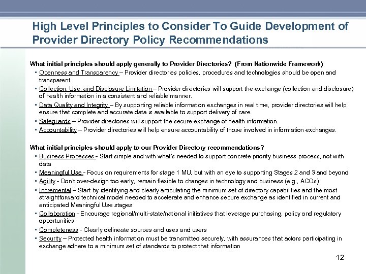 High Level Principles to Consider To Guide Development of Provider Directory Policy Recommendations What