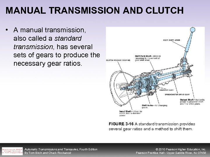 MANUAL TRANSMISSION AND CLUTCH • A manual transmission, also called a standard transmission, has