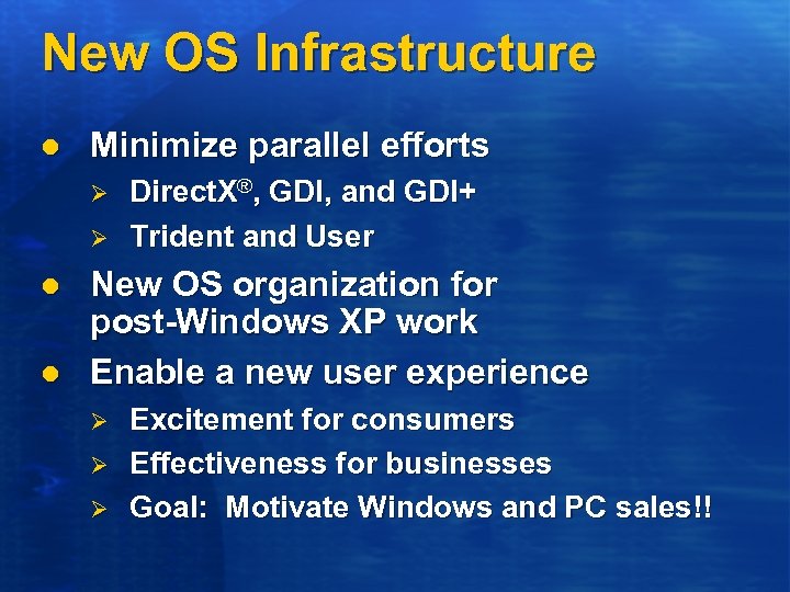 New OS Infrastructure l Minimize parallel efforts Ø Ø l l Direct. X®, GDI,
