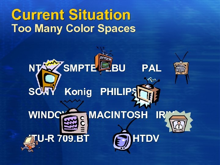 Current Situation Too Many Color Spaces NTSC SMPTE EBU PAL SONY Konig PHILIPS WINDOWS