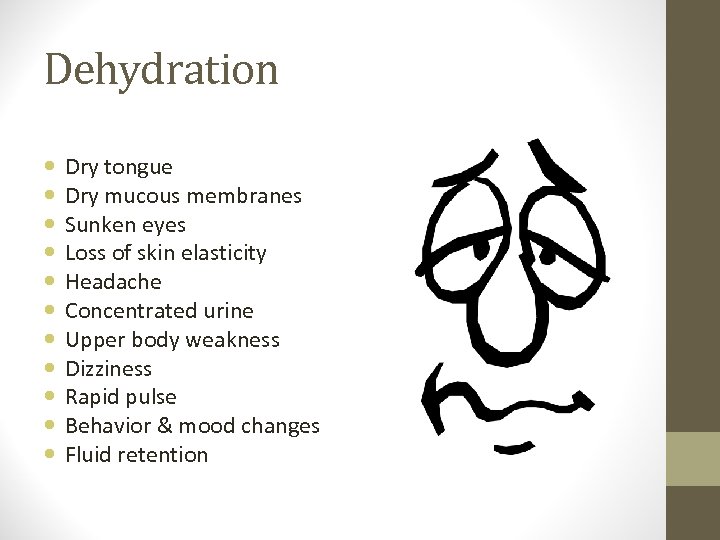 Dehydration Dry tongue Dry mucous membranes Sunken eyes Loss of skin elasticity Headache Concentrated