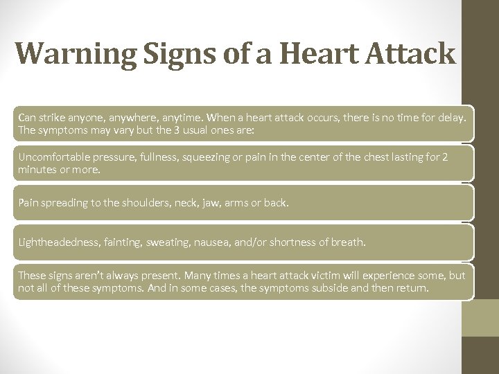 Warning Signs of a Heart Attack Can strike anyone, anywhere, anytime. When a heart