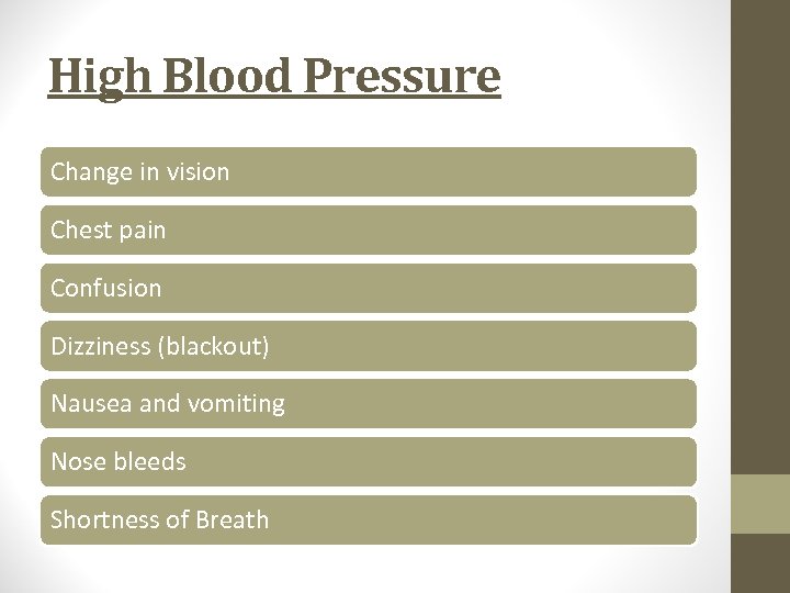 High Blood Pressure Change in vision Chest pain Confusion Dizziness (blackout) Nausea and vomiting