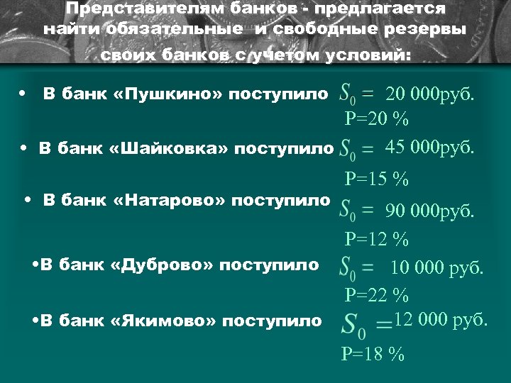 Представителям банков - предлагается найти обязательные и свободные резервы своих банков с учетом условий:
