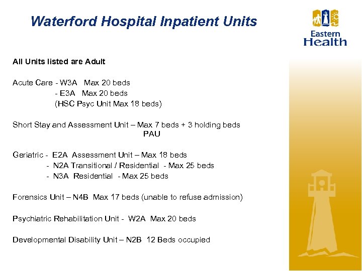Waterford Hospital Inpatient Units All Units listed are Adult Acute Care - W 3