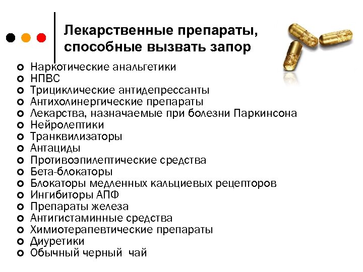 Лекарственные препараты, способные вызвать запор ¢ ¢ ¢ ¢ ¢ Наркотические анальгетики НПВС Трициклические