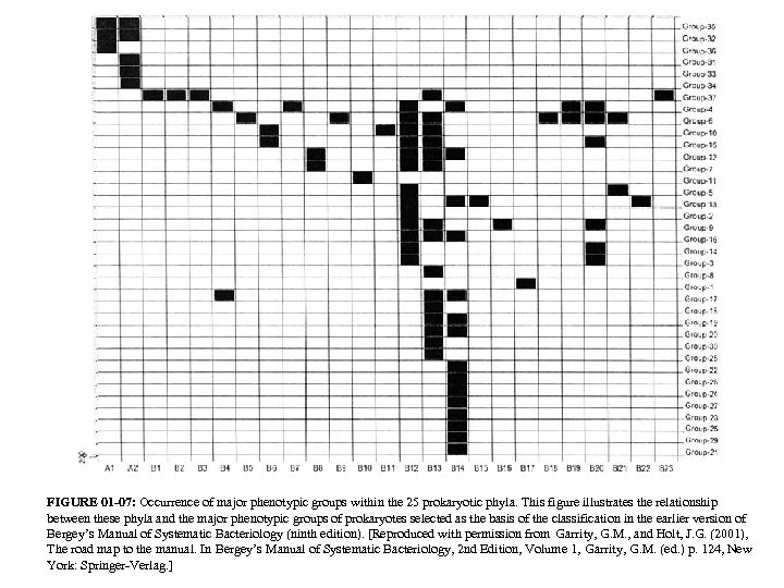 FIGURE 01 -07: Occurrence of major phenotypic groups within the 25 prokaryotic phyla. This