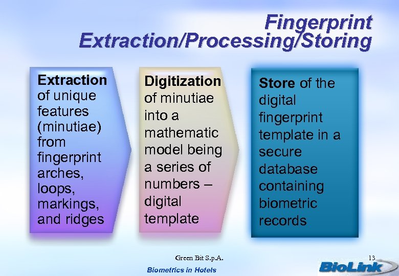 Fingerprint Extraction/Processing/Storing Extraction of unique features (minutiae) from fingerprint arches, loops, markings, and ridges