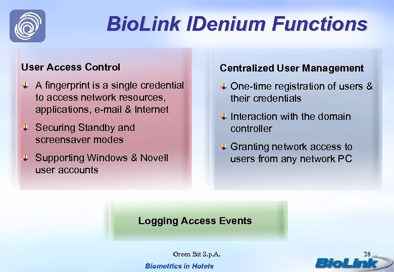 Bio. Link IDenium Functions User Access Control Centralized User Management A fingerprint is a