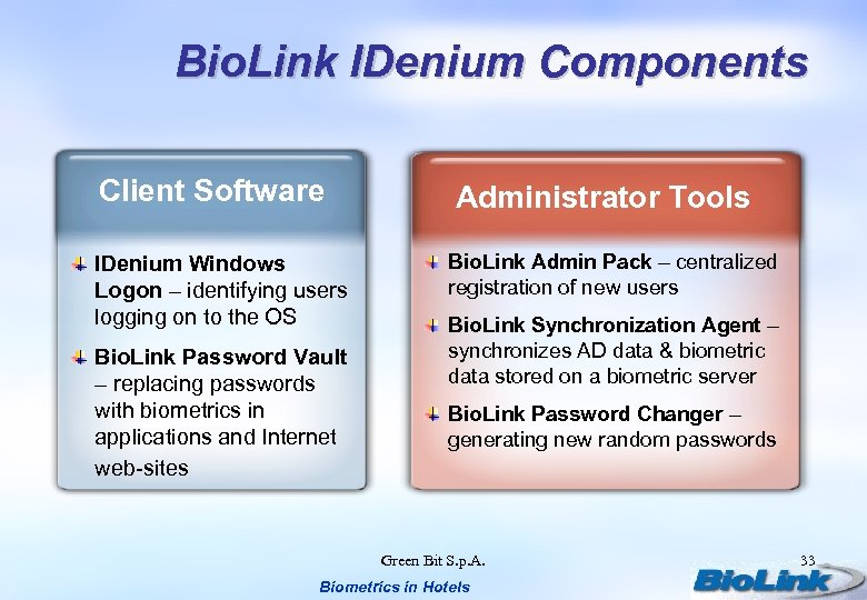 Bio. Link IDenium Components Client Software IDenium Windows Logon – identifying users logging on