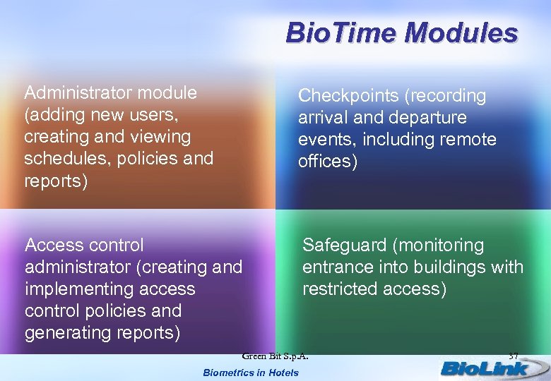 Bio. Time Modules Administrator module (adding new users, creating and viewing schedules, policies and