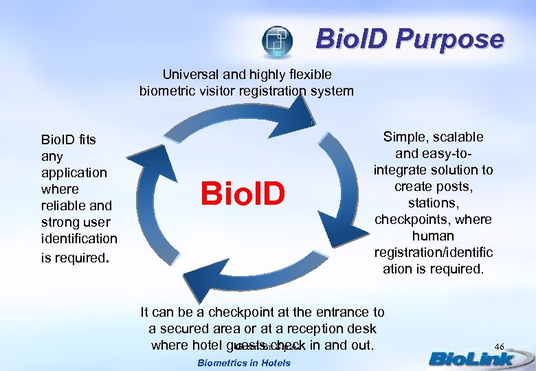 Bio. ID Purpose Universal and highly flexible biometric visitor registration system Bio. ID fits