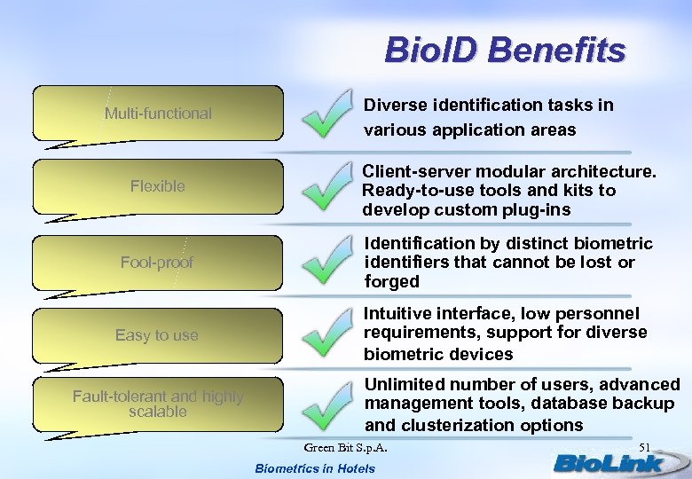 Bio. ID Benefits Multi-functional Diverse identification tasks in various application areas Flexible Client-server modular