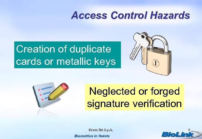 Access Control Hazards Creation of duplicate cards or metallic keys Neglected or forged signature