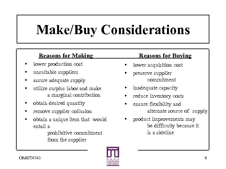 Make/Buy Considerations Reasons for Making • • lower production cost unsuitable suppliers assure adequate