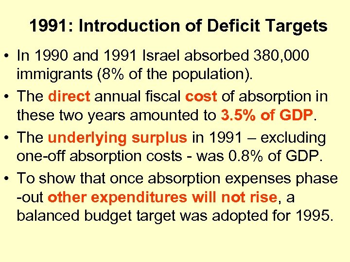 1991: Introduction of Deficit Targets • In 1990 and 1991 Israel absorbed 380, 000