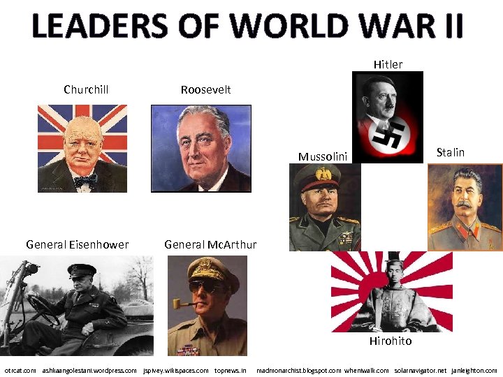 LEADERS OF WORLD WAR II Hitler Churchill Roosevelt Stalin Mussolini General Eisenhower General Mc.