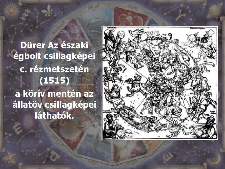 Dürer Az északi égbolt csillagképei c. rézmetszetén (1515) a körív mentén az állatöv csillagképei