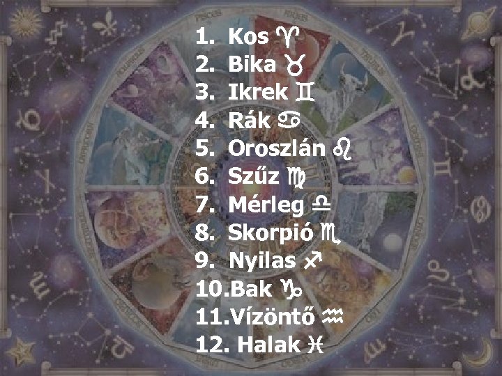 1. Kos 2. Bika 3. Ikrek 4. Rák 5. Oroszlán 6. Szűz 7. Mérleg