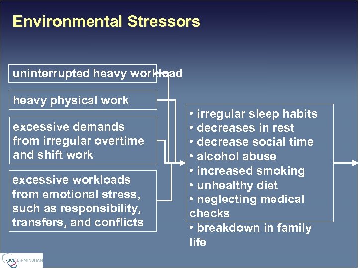 Environmental Stressors uninterrupted heavy workload heavy physical work excessive demands from irregular overtime and