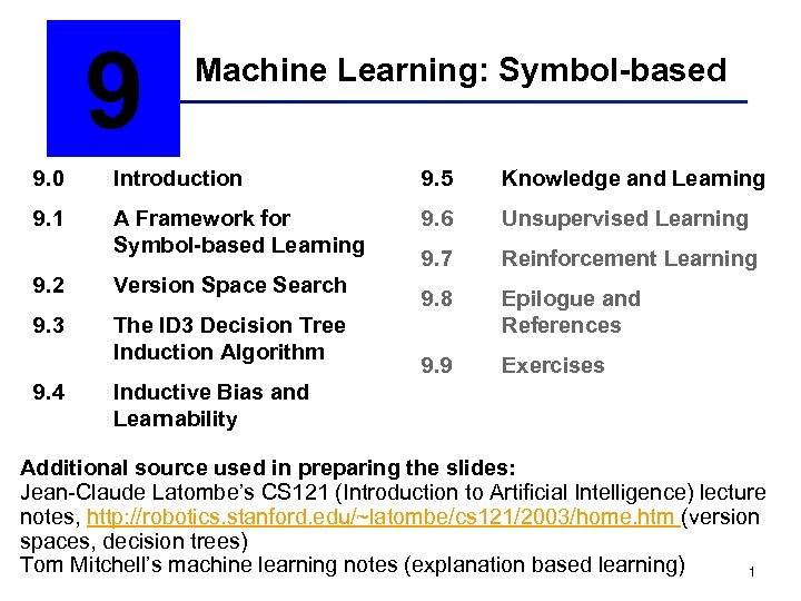 9 Machine Learning: Symbol-based 9. 0 Introduction 9. 5 Knowledge and Learning 9. 1