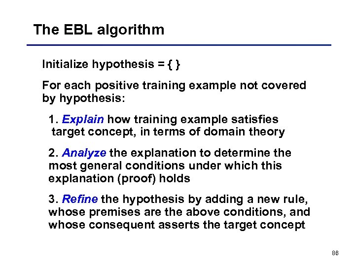 The EBL algorithm Initialize hypothesis = { } For each positive training example not