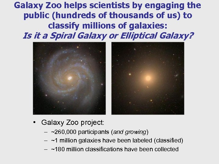 Galaxy Zoo helps scientists by engaging the public (hundreds of thousands of us) to