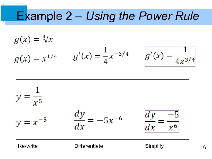 Example 2 – Using the Power Rule Re-write Differentiate Simplify 16 