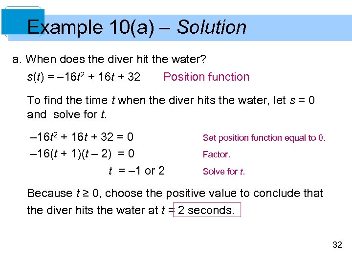 Example 10(a) – Solution a. When does the diver hit the water? s(t) =