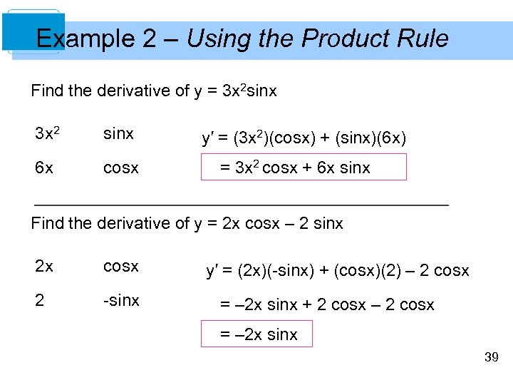 Example 2 – Using the Product Rule Find the derivative of y = 3