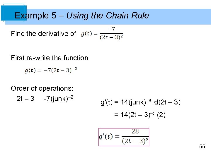 Example 5 – Using the Chain Rule Find the derivative of First re-write the