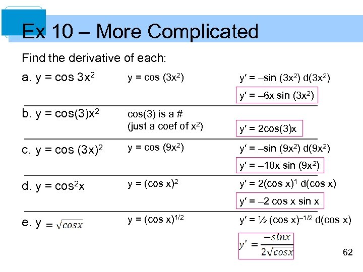 Ex 10 – More Complicated Find the derivative of each: a. y = cos
