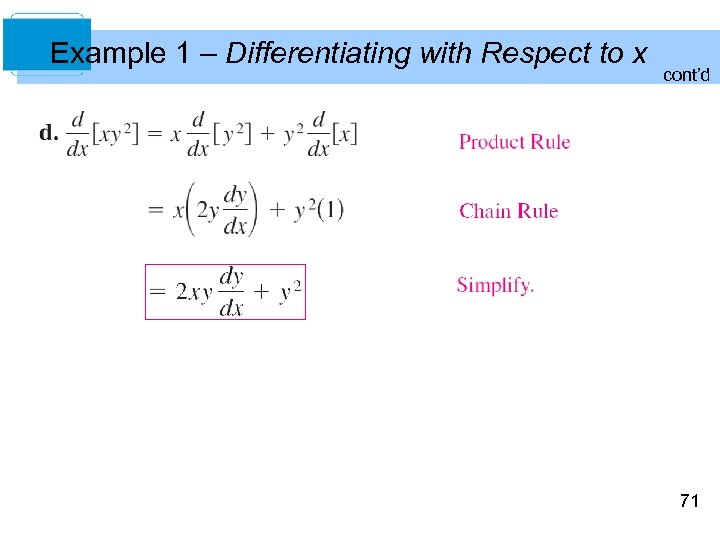 Example 1 – Differentiating with Respect to x cont’d 71 