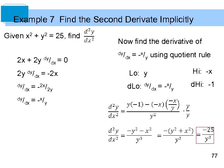 Example 7 Find the Second Derivate Implicitly Given x 2 + y 2 =