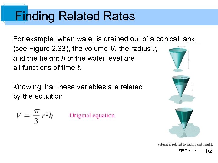 Finding Related Rates For example, when water is drained out of a conical tank