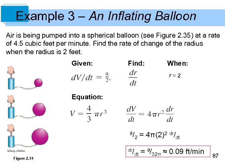 Example 3 – An Inflating Balloon Air is being pumped into a spherical balloon