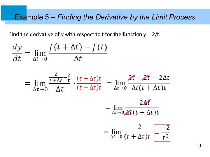 Example 5 – Finding the Derivative by the Limit Process Find the derivative of