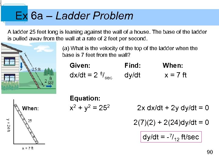 Ex 6 a – Ladder Problem A ladder 25 feet long is leaning against